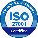 ISO 27001 Certified badge for Information Security Management, featuring a circular design with blue and white colors.